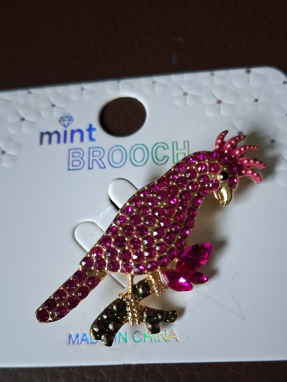 Mint Fuchsia Jeweled Parrot Brooch with Green Accents